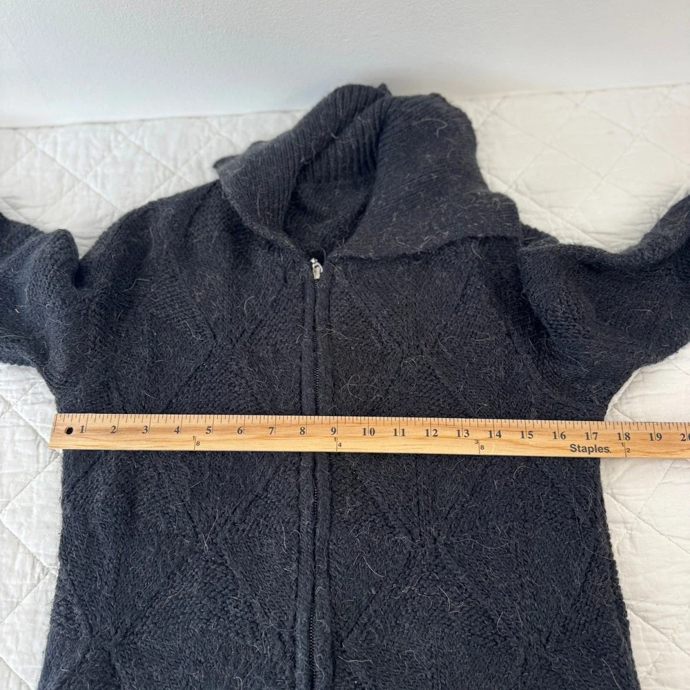 Black Alpaca Blend‎ Diamond Knit Full Zip Long Cardigan Sweater Soft S